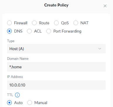 A screenshot showing how to add an A record in Unifi