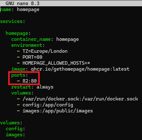 A screenshot of the edits required to a Docker compose file to remap port 80
