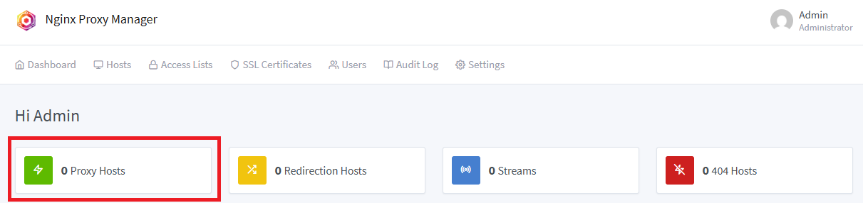 A screenshot of where to find the proxy hosts menu in Nginx Proxy Manager