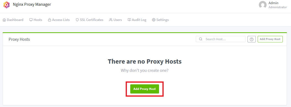 A screenshot showing where the button is for adding a proxy host in Nginx Proxy Manager