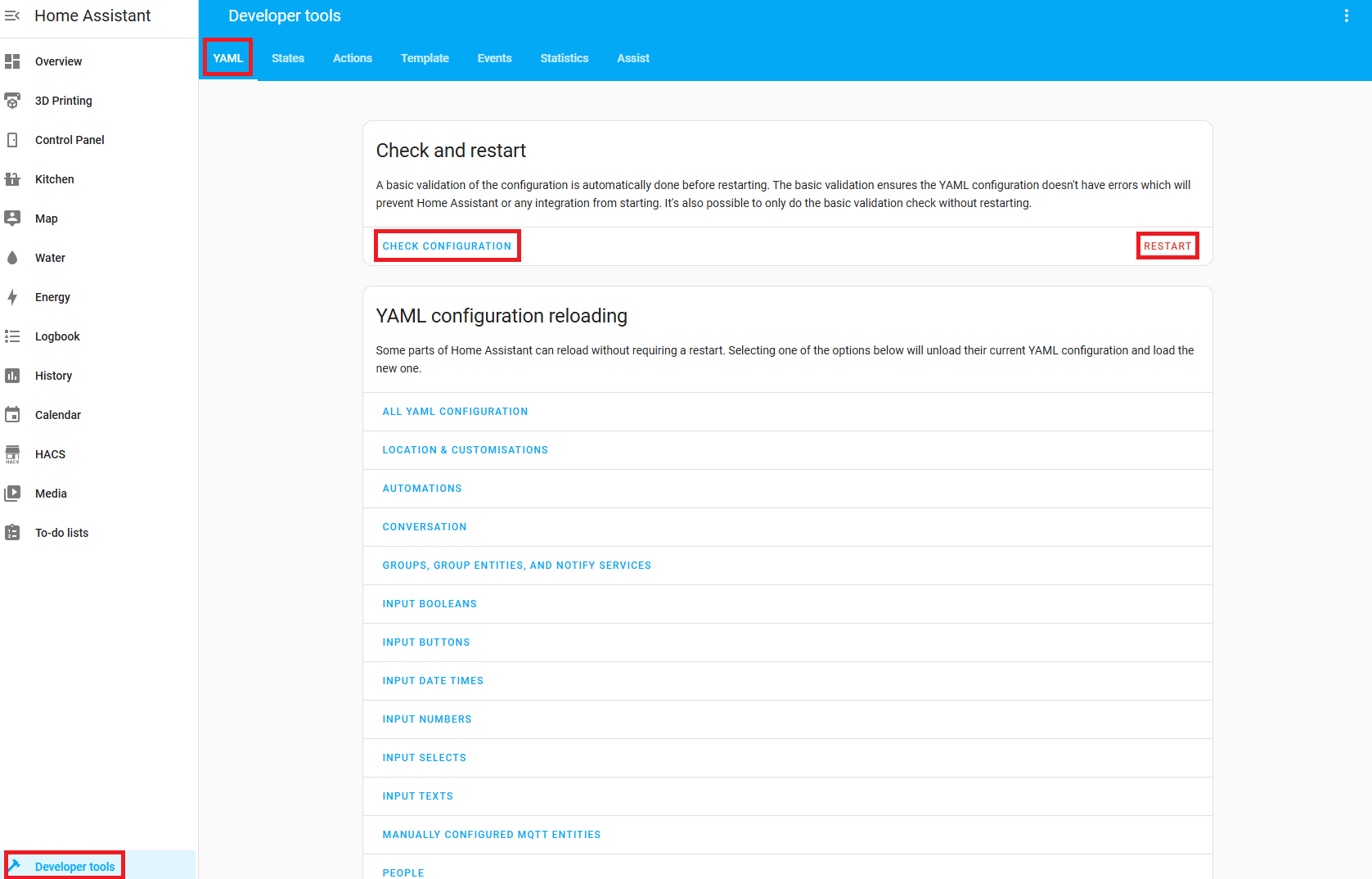 A screenshot showing where in Home Assistant to reload your configuration yaml