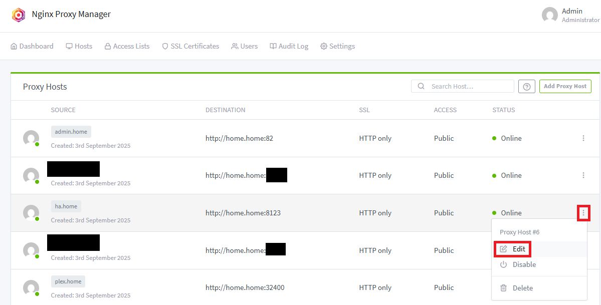 A screenshot showing how to edit a Proxy Host in Nginx Proxy Manager