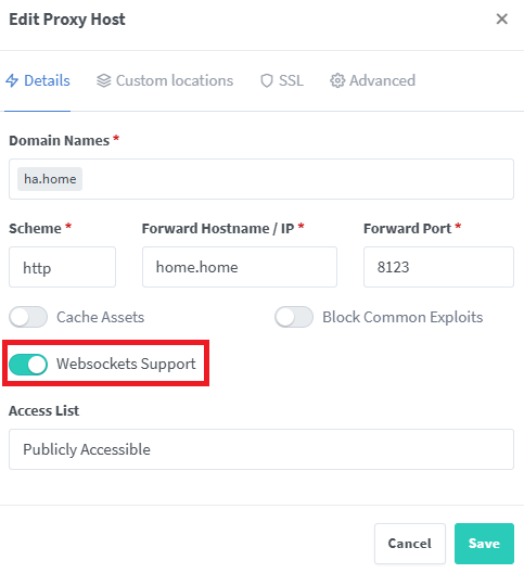 A screenshot showing the websockets toggle in Nginx Proxy Manager