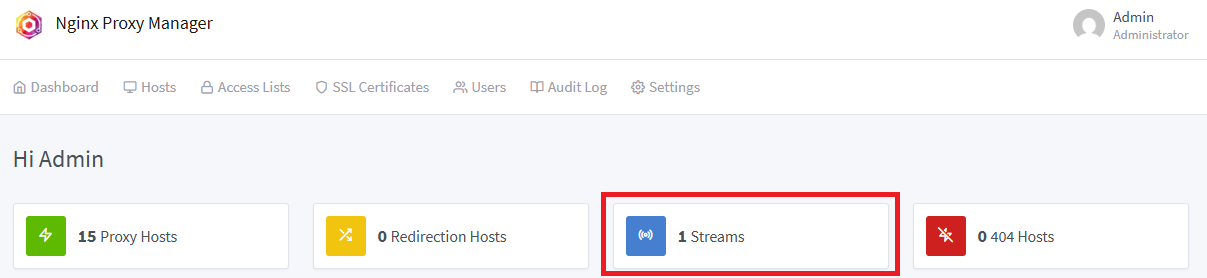 A screenshot of where the streams button is in Nginx Proxy Manager