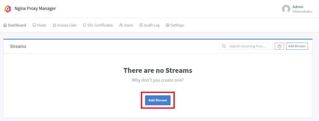 A screenshot of where the add stream button is in Nginx Proxy Manager